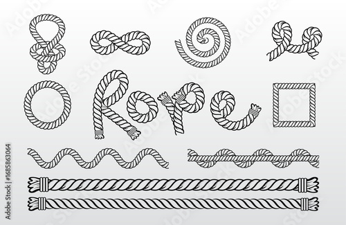 A variety of hand-drawn rope illustrations including knots, loops, and decorative rope borders, showcasing different textures and styles