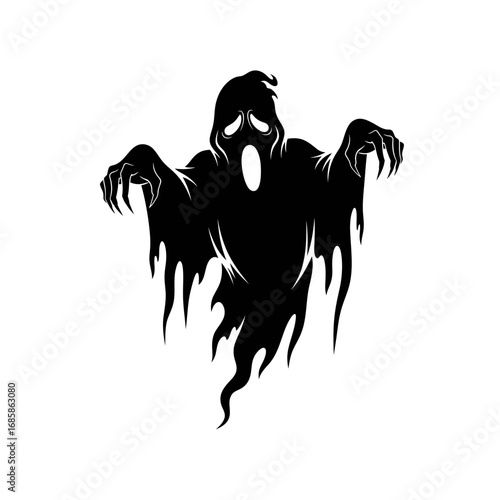 Vector art of menacing black ghost with outstretched hands, a spooky apparition for halloween night