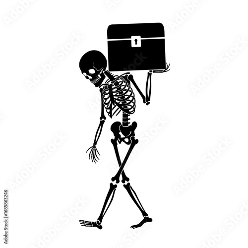 Vector art of skeleton carrying a heavy chest on its back, in vector art