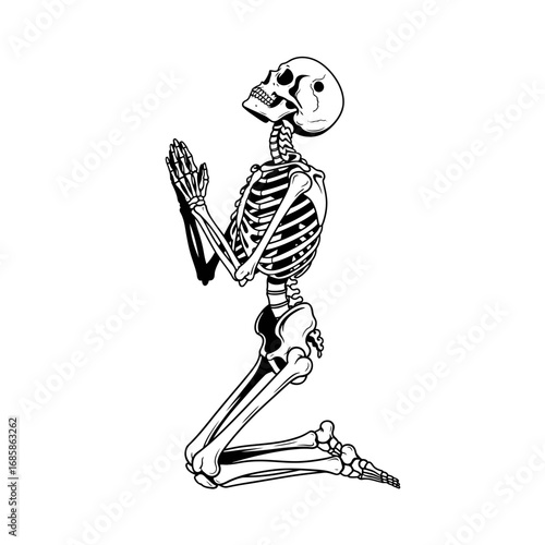 Vector art of skeleton praying on its knees, in vector art illustration