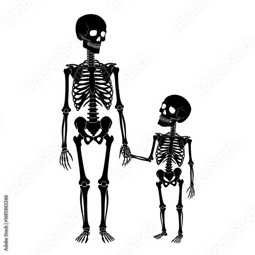 Illustration of a skeleton father holding his childs hand