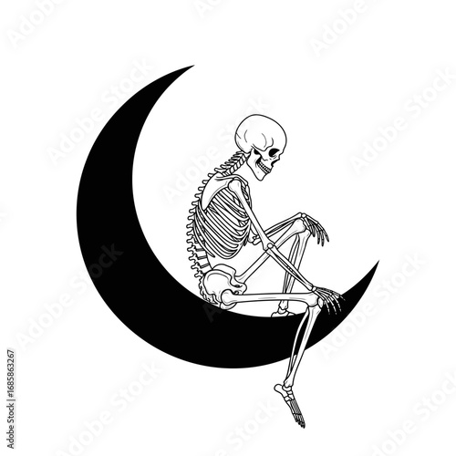Illustration of a skeleton sitting on the moon
