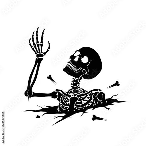 Vector art of skeleton rising from the ground, reaching up with one hand