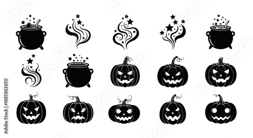 Vector art of halloween silhouettes featuring pumpkins, cauldrons, and magical swirls with stars for spooky designs
