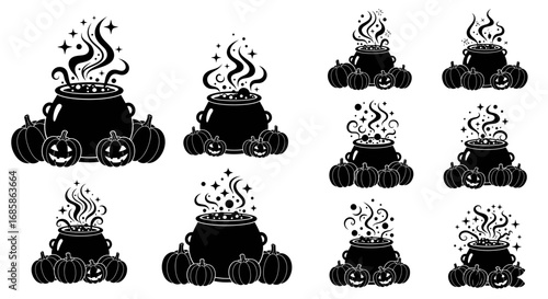 Vector art of halloween cauldron with pumpkins, a spooky and festive design element for your projects