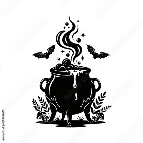 Vector art of halloween witch cauldron with boiling potion, bats, mushrooms and magic smoke