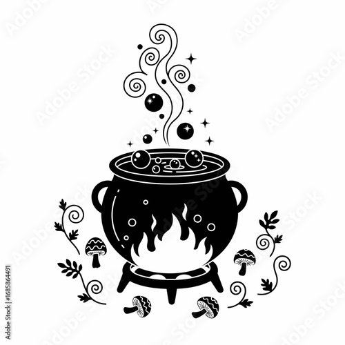 Vector art of halloween witch cauldron with boiling potion, fire, mushrooms and magic smoke