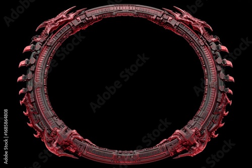 Futuristic red mechanical dragon ring frame on black background.