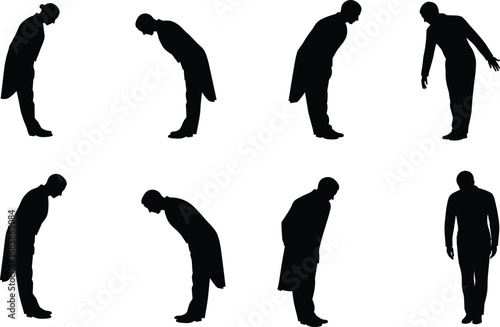 Silhouettes of person in various bowing postures, cultural respect and etiquette gesture concept, formal greeting and performance art, flat vector illustration