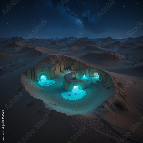 Aerial Perspective: Desert Dunes with Glowing Bioluminescent Caverns, Winding Sand Path, and Unnaturally Rippling Shadows