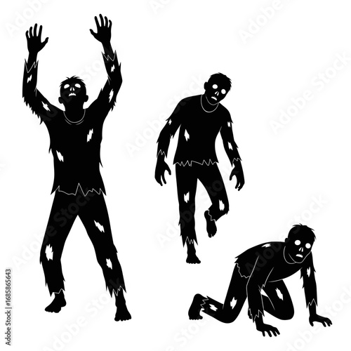 Vector art of silhouette of three zombies in various poses, perfect for halloween themes
