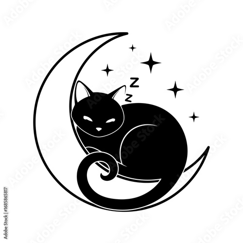 Vector art of a black cat sleeps on a crescent moon with stars concept art