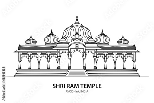 Shri Ram Mandir Ayodhya Vector Line Art Illustration on White Background – Famous Indian Temple Outline