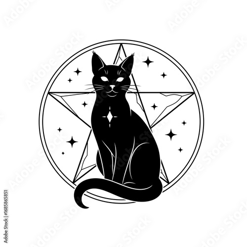Vector art of black cat sitting in front of a pentagram mystical occult illustration