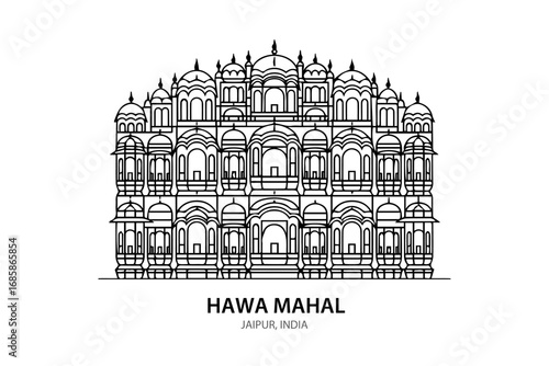 Hawa Mahal Jaipur Vector Line Art Illustration on White Background – Famous Indian Monument Outline