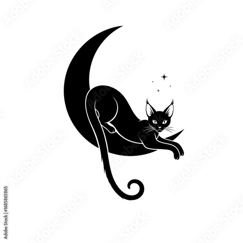 Vector art of black cat lying on the moon mystical occult illustration