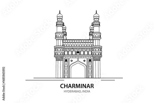 Charminar Hyderabad Vector Line Art Illustration on White Background – Famous Indian Monument Outline