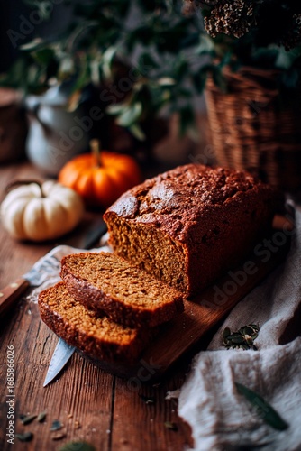 Freshly baked pumpkin bread is sliced and resting on a rustic wooden board, surrounded by small pumpkins and greenery in a cozy kitchen setting