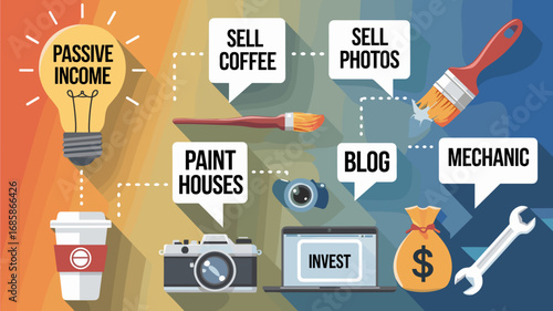 Flat vector design of passive income light bulb with side hustle ideas
