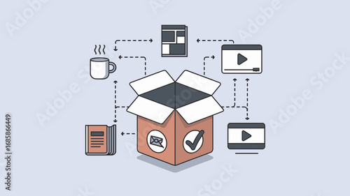 Flat vector illustration of subscription based business model with box and icons