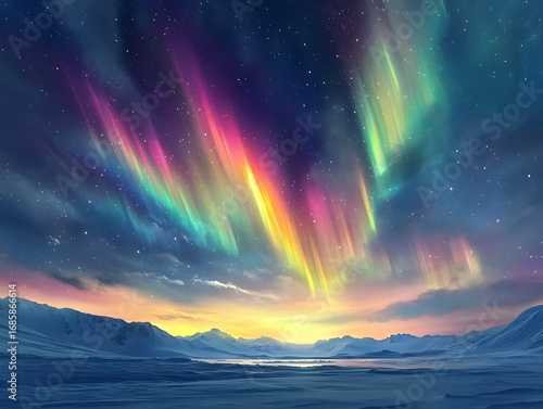 Aurora Skies: Vibrant Northern Lights Over Serene Arctic Landscape and Reflective Water