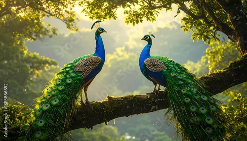 Two peacocks on a branch in a lush forest