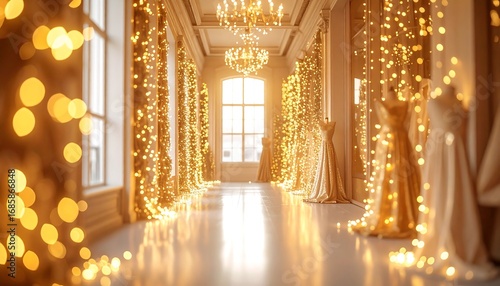 Elegant Wedding Hall Interior Decorated with Warm Fairy Lights and Chandeliers