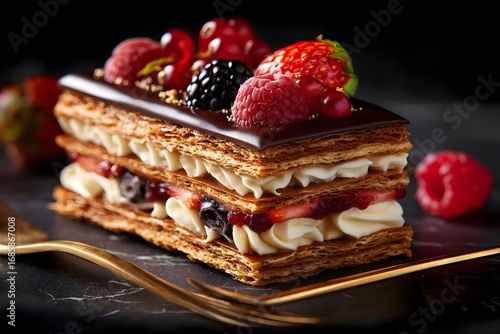 Delicious dessert featuring layers of pastry, cream, and fresh berries on a dark marble surface
