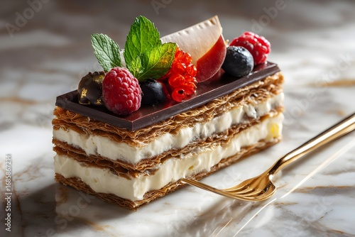 Desserts on a marble table featuring multilayered pastry with berries, mint, and chocolate for an elegant dining experience
