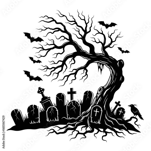 Vector art of eerie graveyard silhouette featuring a twisted tree, tombstones, bats, and a crow