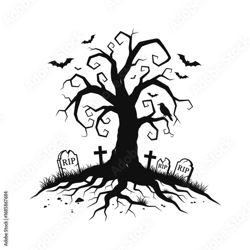 Vector art of eerie halloween graveyard scene with dead tree, tombstones, bats, and crow