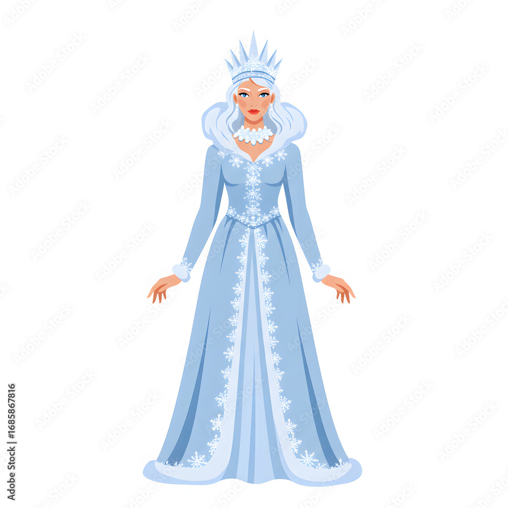 Fototapeta premium Elegant woman in icy crown wearing long flowing frosty gown in flat fantasy style, white background, isolated 