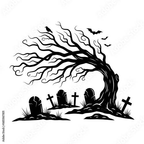 Vector art of windy graveyard scene with a twisted tree, tombstones, and bats