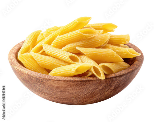 Uncooked penne pasta in a wooden bowl