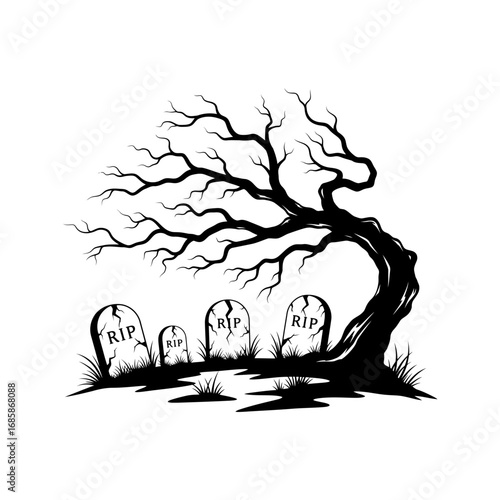 Vector art of windy graveyard scene featuring leaning tombstones and a gnarled, windswept tree