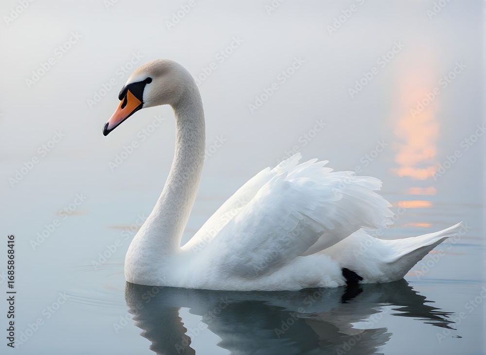 Obraz premium White Swan on Serene Lake at Sunrise, Peaceful Wildlife Scene in Nature