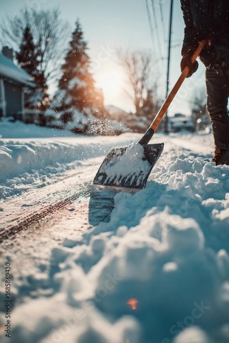 A person is clearing snow from a driveway in a quiet suburb. The sun is setting, casting a warm glow over the snow-covered landscape, creating a serene winter atmosphere