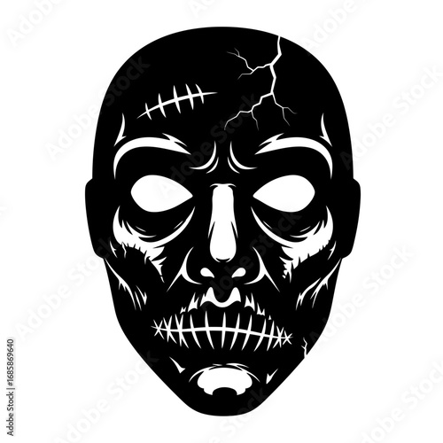 Vector art of a black and white illustration of a zombie face, featuring decaying skin and empty eyes