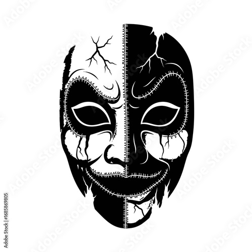 Illustration of a cracked and broken mask for halloween or horror theme