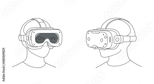 Minimalist line art of virtual reality headsets on abstract faces