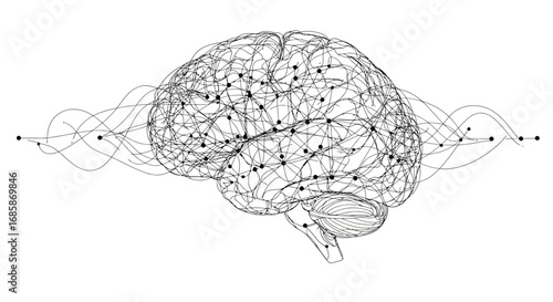 Abstract brain network in continuous line art with neural connections and dots