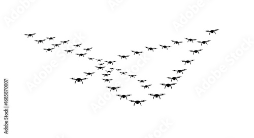 Formation of drones flying in v shape silhouette on white background