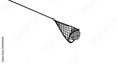 Capturing asteroid in net: conceptual linear space art on white background