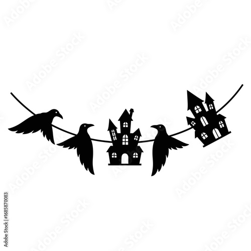 Vector art of halloween garland with haunted houses and ravens, spooky decoration element