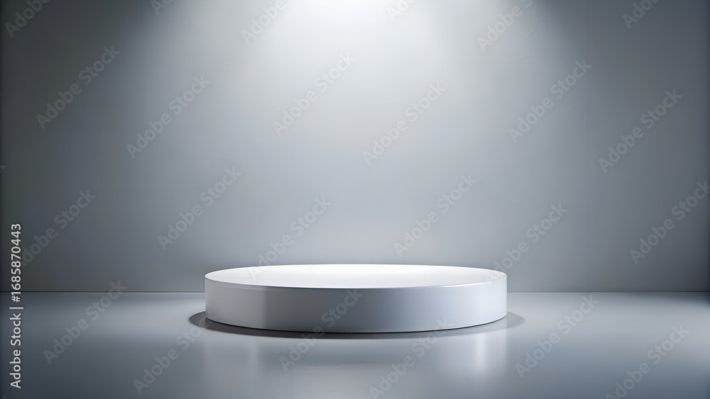 Fototapeta premium A single white cylindrical pedestal stands on a reflective gray floor, illuminated by a spotlight from above against a plain gray wall