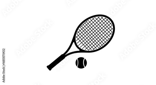 Tennis equipment silhouette: racket and ball design in black and white