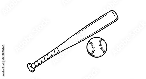 Black and white line drawing of baseball bat and ball