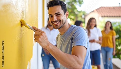 Smiling man paints a yellow wall with a brush, surrounded by friends. Outdoors on a sunny day