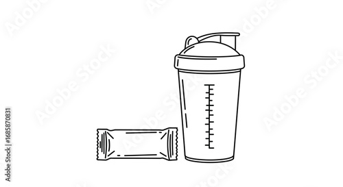 Minimalist line art of shaker bottle and snack bar for fitness enthusiasts