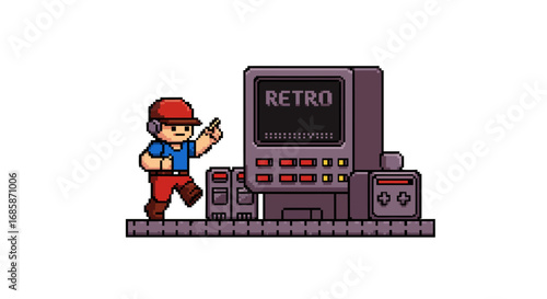 Nostalgic pixel art gamer with retro console and character